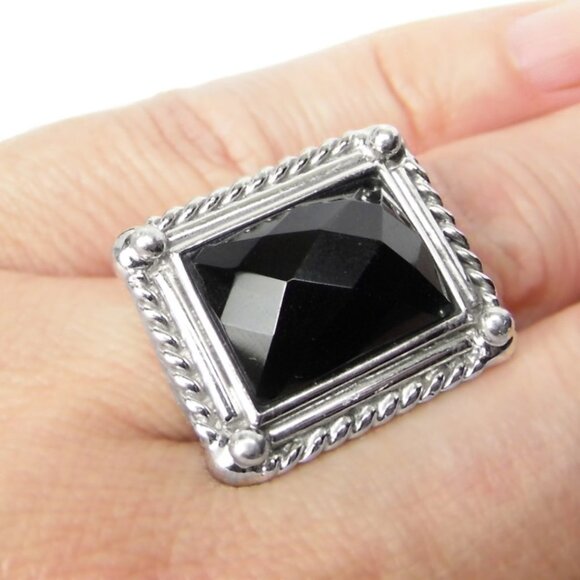 Black ONYX Solitaire Sterling SILVER Ring size 5.5 - Picture 1 of 5